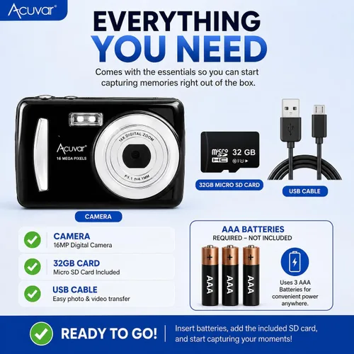 Vista 6 de Acuvar - Cámara digital de 16 MP, cámara compacta de apuntar y disparar con pantalla LCD de 2.4 pulgadas, tarjeta micro SD de 32 GB, cámara de viaje