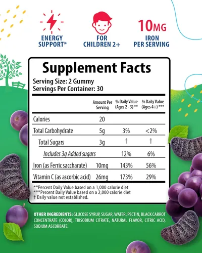 Vista 2 de SUNNY SAM Gomitas de hierro para niños y adolescentes - 10 mg de vitaminas de hierro con vitamina C - Suplemento masticable de gomitas con bajo