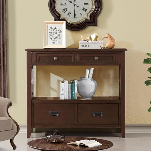 Vista 23 de JIVOIT Mesa consola rústica y elegante, mesa de consola rectangular de madera con cajones de almacenamiento y estante inferior para entrada Blanco