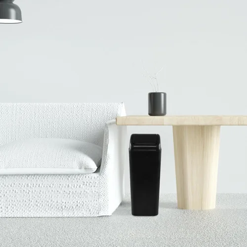 Vista 7 de Morcte - Cubo de basura pequeño de plástico de 3 galones con tapa abatible, color negro Basurero con tapa abatible, perfil delgado, para baño