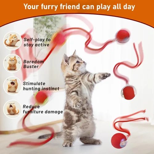 Vista 4 de Juguete de bola de gato en movimiento ágil con cuerda (rojo)