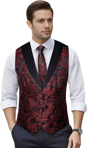 Vista 2 de DiBanGu Chaleco de traje de cachemira para hombre, chaleco jacquard de seda y corbata, chaleco formal de cuello de chal, 7 piezas para fiesta