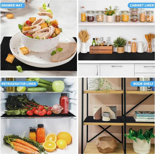 Vista 4 de Revestimientos negros para estantes de armarios de cocina, alfombrilla para cajones no adhesiva, revestimientos para refrigerador, manteles