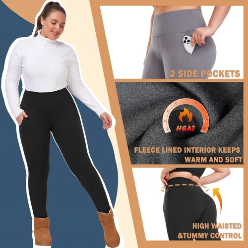 Vista 5 de NEW YOUNG Leggings con forro polar de talla grande con bolsillos para mujer, pantalones térmicos cálidos de cintura alta, pantalones de yoga