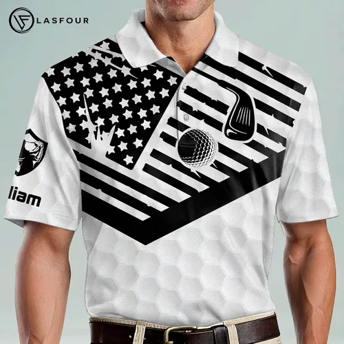 Vista 4 de LASFOUR Camisas de golf divertidas con nombre personalizado para hombres, camisas de golf de manga corta, swing Swear Drink Repeat American Polo