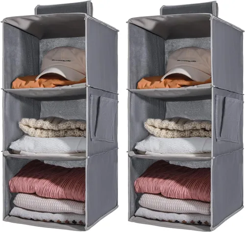 Vista 13 de 2 Packs Hanging Closet Organizer Storage, 3-Shelf Hanging Shelves for Closet, Closet Clothes Organizer and Storage with Side Pocket, Beige