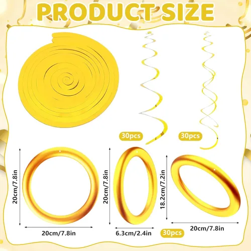 Vista 2 de Juego de 90 espirales colgantes de anillo dorado con tarjeta de papel de aluminio dorado para colgar, videojuegos, fiesta, serpentina de techo