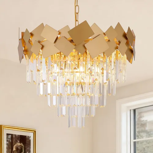 Vista 14 de A AXILIXI Candelabros de cristal dorado de 16 pulgadas, lámpara colgante de techo moderna para comedor, regulable, pequeño, 3 niveles, montaje
