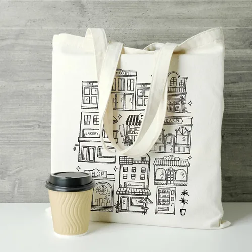 Vista 5 de Bolsa de lona minimalista de algodón reutilizable para mujer, diseño de arte estético, Edificio, Talla única