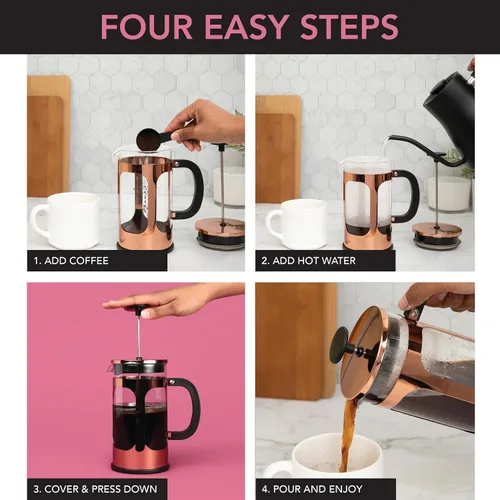 Vista 3 de Farberware Cafetera de prensa francesa, cafetera de té y espresso, prensa de infusión fría de acero inoxidable, vidrio de borosilicato resistente al