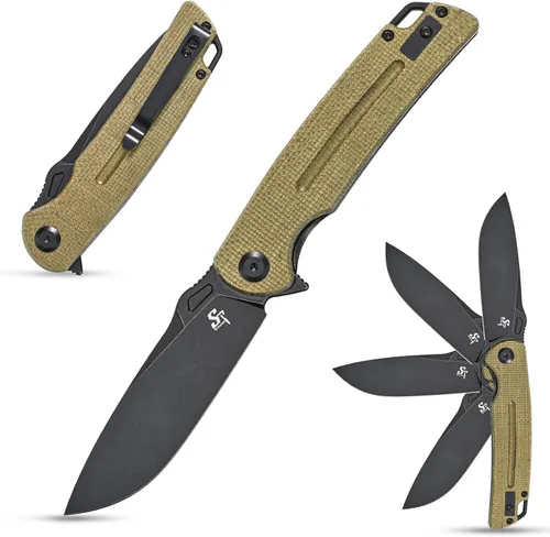 Vista 10 de Sitivien Cuchillo plegable ST137, hoja de satén D2, mango G10, cuchillo de herramienta EDC para senderismo al aire libre, camping, pesca (negro)