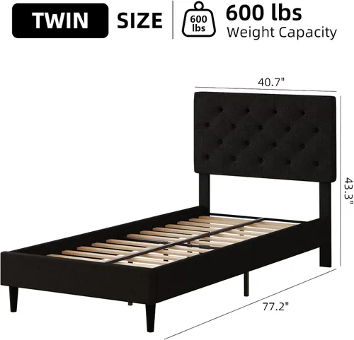 Vista 2 de HOMBCK Base de cama de tamaño individual con cabecera, base de cama tapizada con plataforma de lino para niños, base de cama de tamaño individual