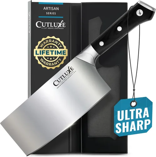 Vista 11 de Cutluxe Cuchillo Cleaver de Chef – Cuchillo de Carnicero Cleaver de Carne de 8" – Hoja de Acero Alemán, Espiga Completa, Diseño de Mango Ergonómico