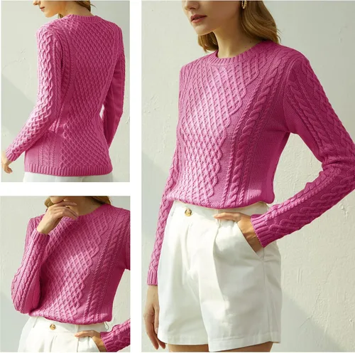 Vista 3 de v28 Suéter de manga larga con cuello redondo y elástico para mujer