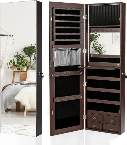 Vista 8 de CHARMAID Armario de joyería con tira LED con espejo de longitud completa de 47.2 pulgadas de alto, organizador de joyas montado en la paredpuerta