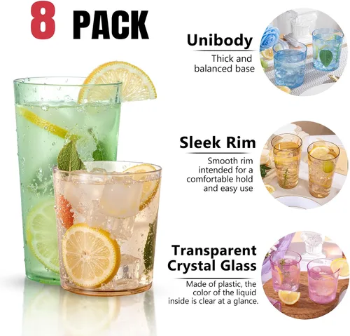 Vista 2 de Liacere Juego de Vasos de Beber Coloridos Set de 8 - Vasos de Plástico Highball de 17oz y Vasos de Plástico para Cóctel de 14oz, Vasos de Agua