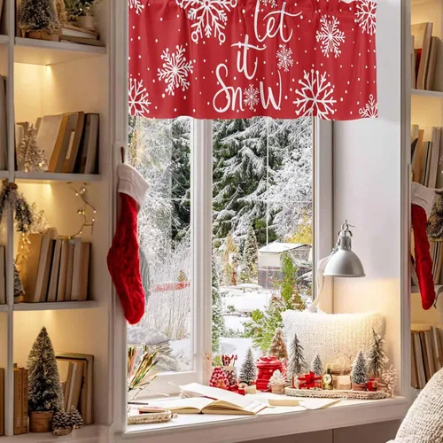 Vista 78 de Cenefa de cortina con lazo rojo de Navidad para ventanas, sala de estar, cocina, baño, granja, bolas de Navidad de acuarela con diseño de bayas