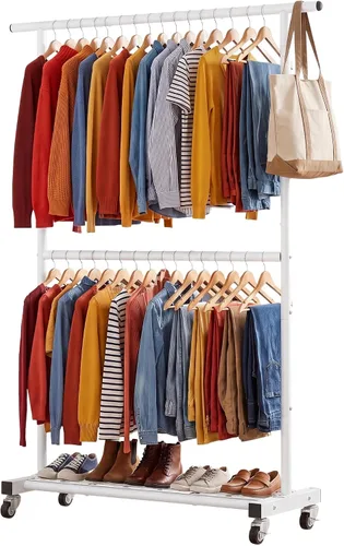 Vista 9 de Sywhitta Perchero de ropa de doble barra, organizador de ropa con ruedas para colgar ropa, fácil de montar, ajustable, negro (paquete de 2)