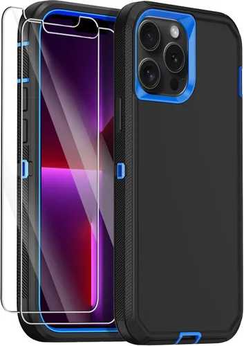Vista 9 de Funda para iPhone 13 Pro Max con 2 protectores de pantalla, protección contra caídas a prueba de golpes, cuerpo completo, resistente, 3 capas, Negro