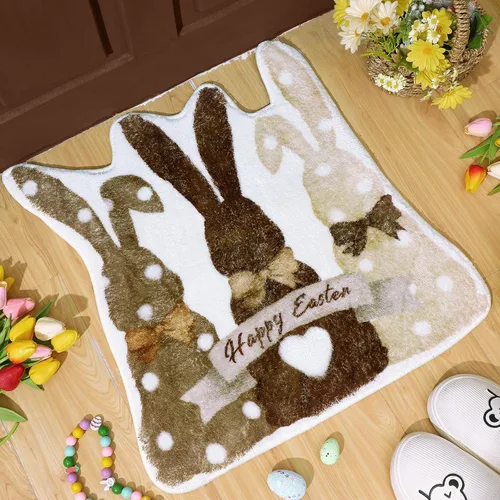 Vista 5 de Drydiet Alfombra de baño de conejo de Pascua, alfombra de baño retro de conejo, antideslizante, lavable, alfombra decorativa de bienvenida blanca
