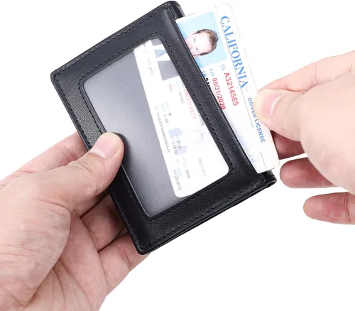 Vista 9 de RFID bloqueo bolsillo frontal delgado cuero plegable cartera tarjeta de crédito titular de la identificación ventana