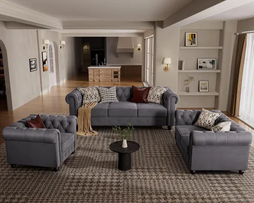 Vista 21 de Morden Fort - Juego de sillas y sofá Chesterfield clásico, con reposabrazos acolchados y patas de madera maciza, sofá cama para mascotas, cómodo