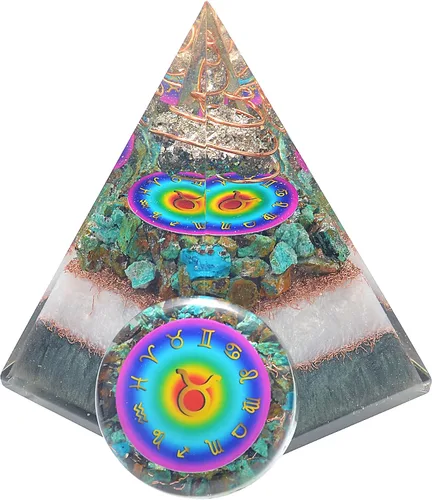 Vista 18 de Juego de pirámide de orgón y piedra de palmera de horóscopo, cristal curativo de acuario, signo del zodiaco, hecho de pirita y angelita para calma