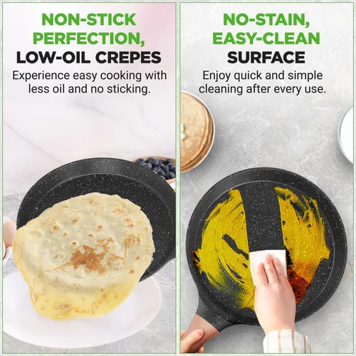 Vista 6 de NutriChef - Sartén para crepes de 24 cm (9.45 pulgadas) antiadherente con esparcidora de madera, sartén Dosa de mármol recubierto duradero, mango