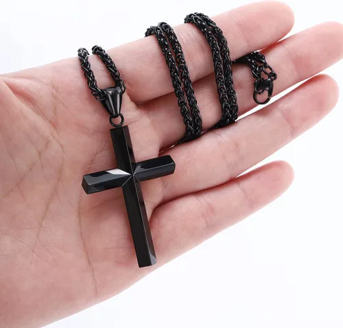 Vista 3 de P.Blake - Collar de cruz con borde biselado para hombres y niños, cadena de acero inoxidable con colgante de cruz para hombres y niños