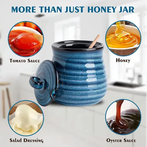 Vista 3 de HASENSE Olla de cerámica para miel con tapa, frasco de miel de 12 onzas con cucharón de madera, juego de palito y frasco para miel, lindo recipiente