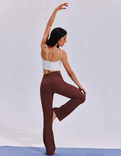 Vista 3 de PINSPARK Pantalones de yoga acampanados para mujer, leggings acanalados con corte de bota, cintura alta, pantalones de entrenamiento con bolsillos