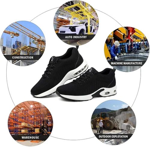 Vista 8 de Tinefiy Zapatos de punta de acero para hombres y mujeres, ligeros, con amortiguación de aire, zapatillas de seguridad antideslizantes