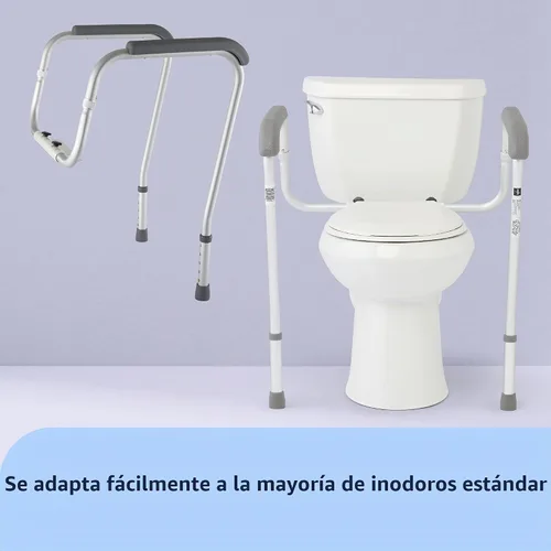 Vista 2 de Riel de seguridad plegable para inodoro con altura ajustable, ajuste universal para asientos estándar o elevados, marco de aluminio, reposabrazos