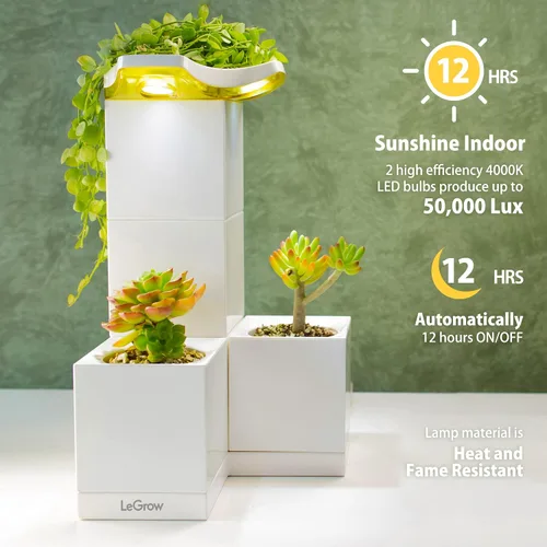 Vista 2 de LeGrow Maceta de interior con luz LED de crecimiento, temporizador automático de 12 horas, 7 días sin riego, 2 macetas de riego automático