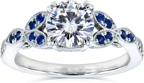 Vista 5 de Kobelli Anillo de compromiso de moissanita y zafiro azul de estilo antiguo Acentos de 1 15 CTW Oro blanco de 14 k