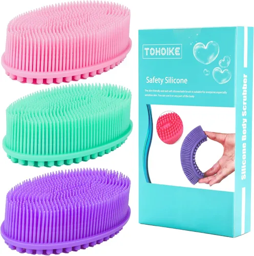 Vista 9 de TDHDIKE Esponja de silicona para el cuerpo, juego de 3 esponjas suaves exfoliantes para baño y ducha, cepillo para niños sensibles, mujeres
