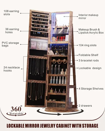 Vista 5 de Dystler Armario de joyería con espejo con almacenamiento Armario de joyería con espejo de longitud completa 360 giratorio y luces LED Organizador