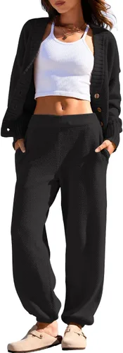 Vista 3 de Yanekop Conjunto de dos piezas para mujer con cuello en V y botones y suéter de punto acogedor