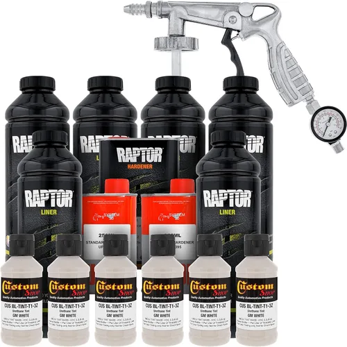 Vista 2 de U-POL Raptor GM Kit de revestimiento para camionetas en aerosol, de uretano, color blanco, incluye pistola rociadora, 6 litros.