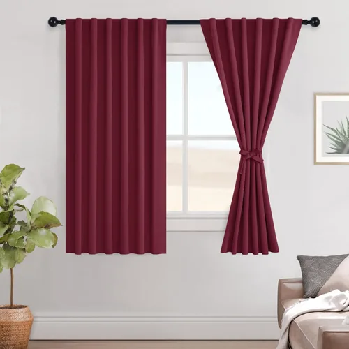 Vista 144 de Hiasan Cortinas opacas negras para dormitorio, cortinas opacas cortas de 45 pulgadas de largo, con aislamiento térmico, bolsillo para barra