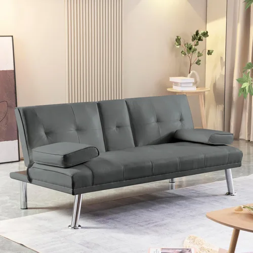 Vista 10 de Anwick Sofá futón de cuero moderno, sofá cama plegable convertible reclinable para espacios pequeños, apartamento, oficina, dormitorio, con Negro