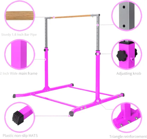 Vista 4 de Barra horizontal expandible de gimnasia de 3 a 5 pies, color rosa con mango libre, cojín para entrenamiento juvenil, atlético, niños y adultos