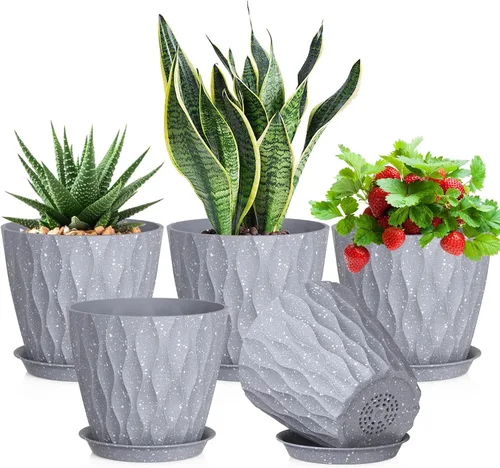 Vista 15 de Meowell Macetas pequeñas de plástico de 4 pulgadas, macetas de plántulas, juego de 5 macetas de ondas de agua para plantas de interior, macetas