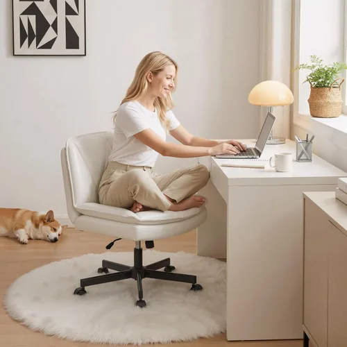Vista 5 de DurayLoly Silla Criss Cross con Ruedas, Silla de Oficina con Patas Cruzadas con 2 Capas de Cuero Comfty & Back, Silla de Tocador Ancha sin Brazos