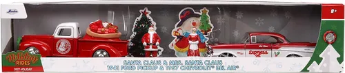 Vista 2 de Jada Toys Holiday Rides 1:32 1941 Ford Pickup y 1957 Chevy Bel-Air - Coche fundido a presión con figura de Papá Noel y Sra. Santa Claus de 1.65