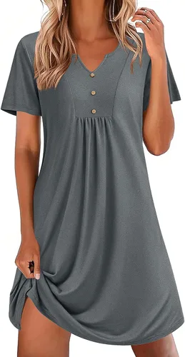 Vista 19 de Ekouaer Camisones para mujer de algodón Vestidos de noche Plisados Camisones Henley Cuello en V Camisas de dormir de manga corta Ropa de dormir