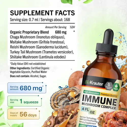 Vista 4 de BIO KRAUTER Complejo de hongos 5 en 1 con chaga, maitake, reishi, cola de pavo y shiitake