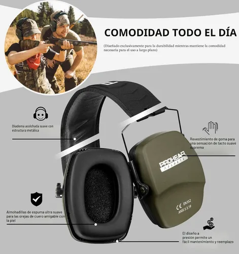 Vista 4 de PROHEAR 016 Shooting - Orejeras de protección para los oídos, paquete de 2, NRR 26dB para rango de armas, caza, negro y verde