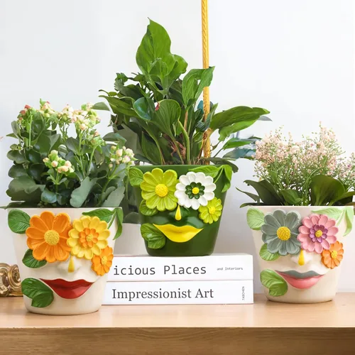 Vista 6 de GUGUGO Macetas únicas de cara para plantas, coloridas y lindas macetas para suculentas con drenaje, macetas abstractas de cabeza de arco iris