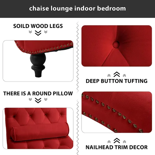 Vista 5 de Moderna tumbona de terciopelo para interiores con ribete de cabeza de clavo, sillón sin brazos con botones para interior con almohada lumbar y 4
